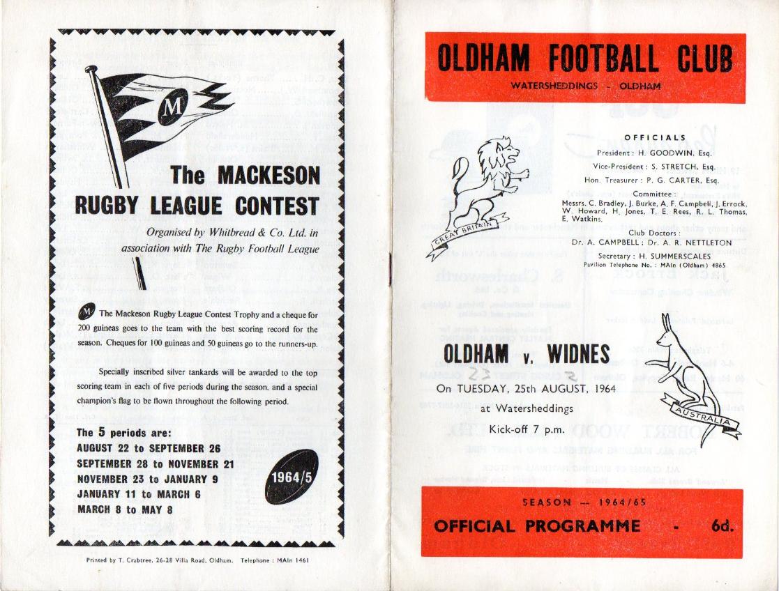 Programme cover: Oldham v Widnes, 25 August 1964