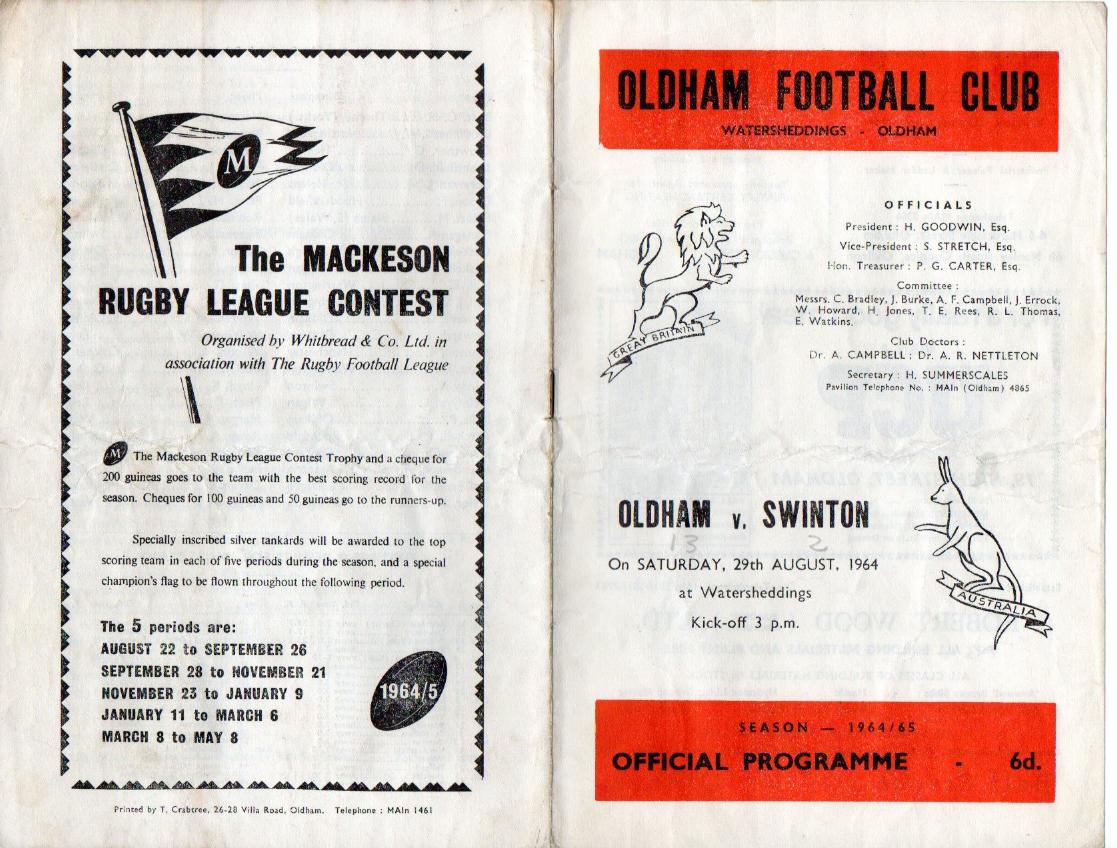 Programme cover: Oldham v Swinton, 29 August 1964