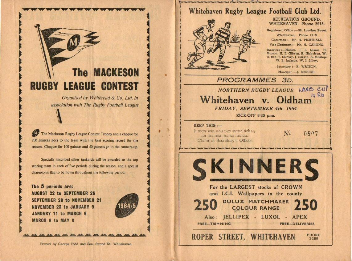 Programme cover: Oldham v Whitehaven, 4 September 1964