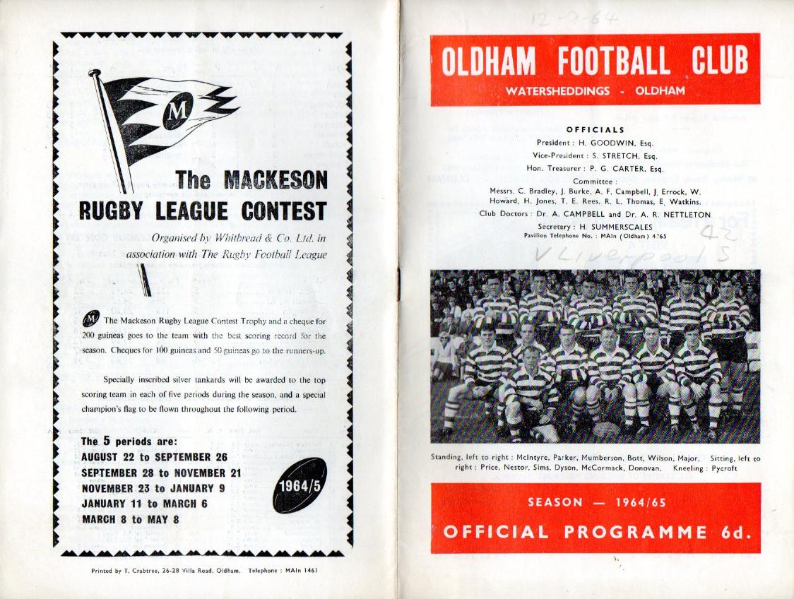 Programme cover: Oldham v Liverpool City, 12 September 1964
