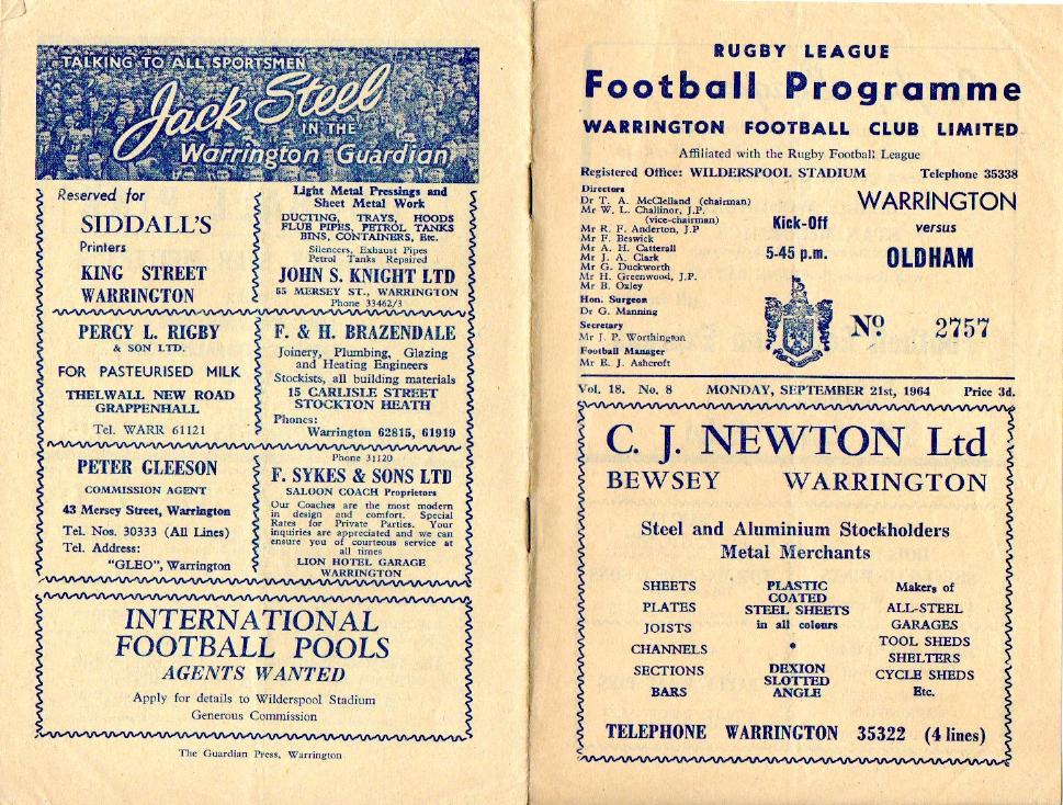 Programme cover: Oldham v Warrington, 21 September 1964