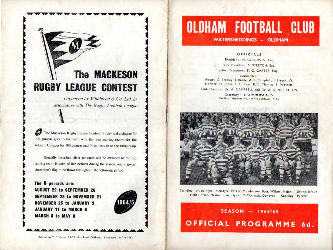 Programme cover: Oldham v Whitehaven, 26 September 1964