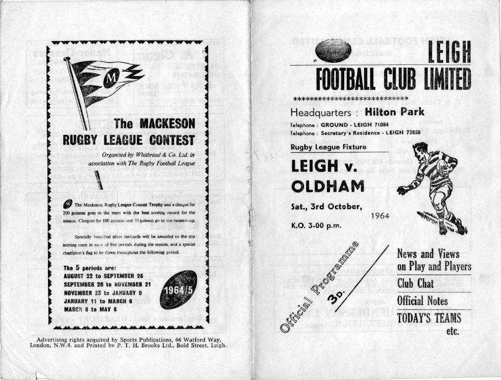Programme cover: Oldham v Leigh, 3 October 1964