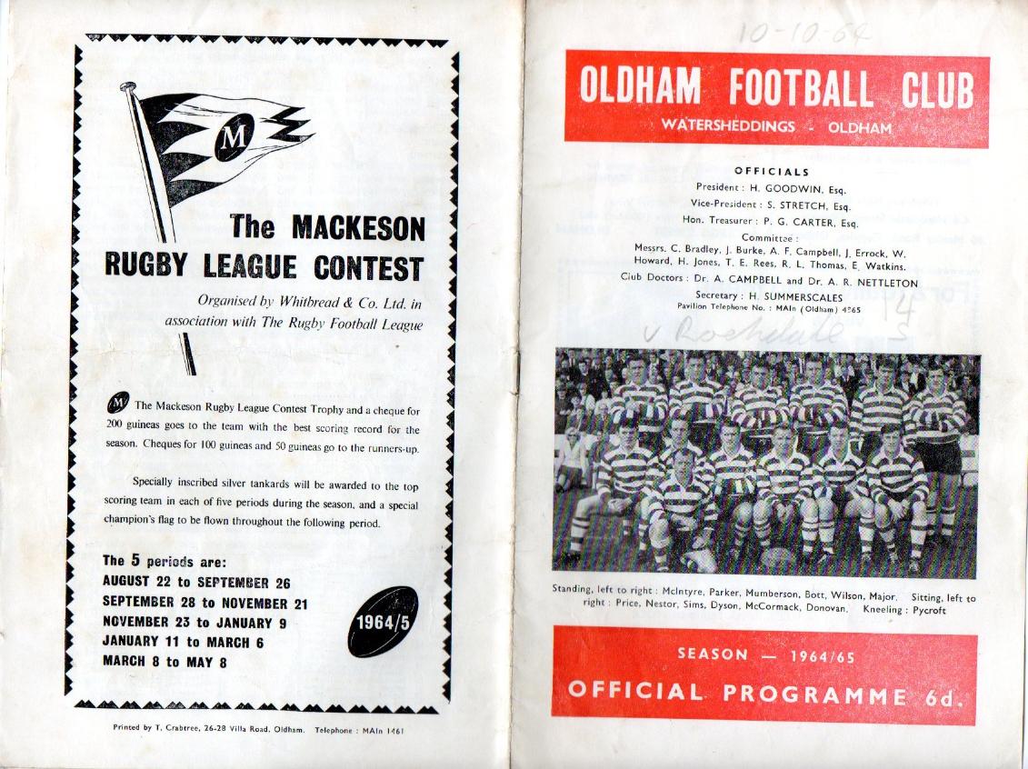 Programme cover: Oldham v Rochdale Hornets, 10 October 1964
