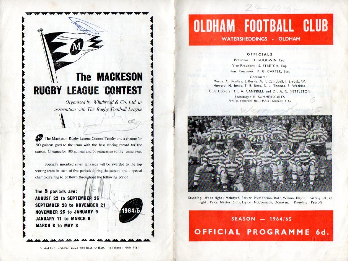 Programme cover: Oldham v Warrington, 24 October 1964