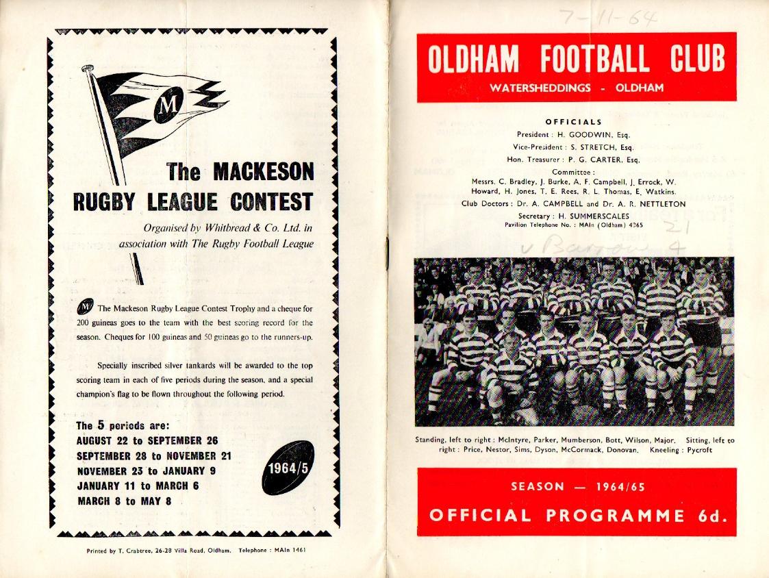 Programme cover: Oldham v Barrow, 7 November 1964