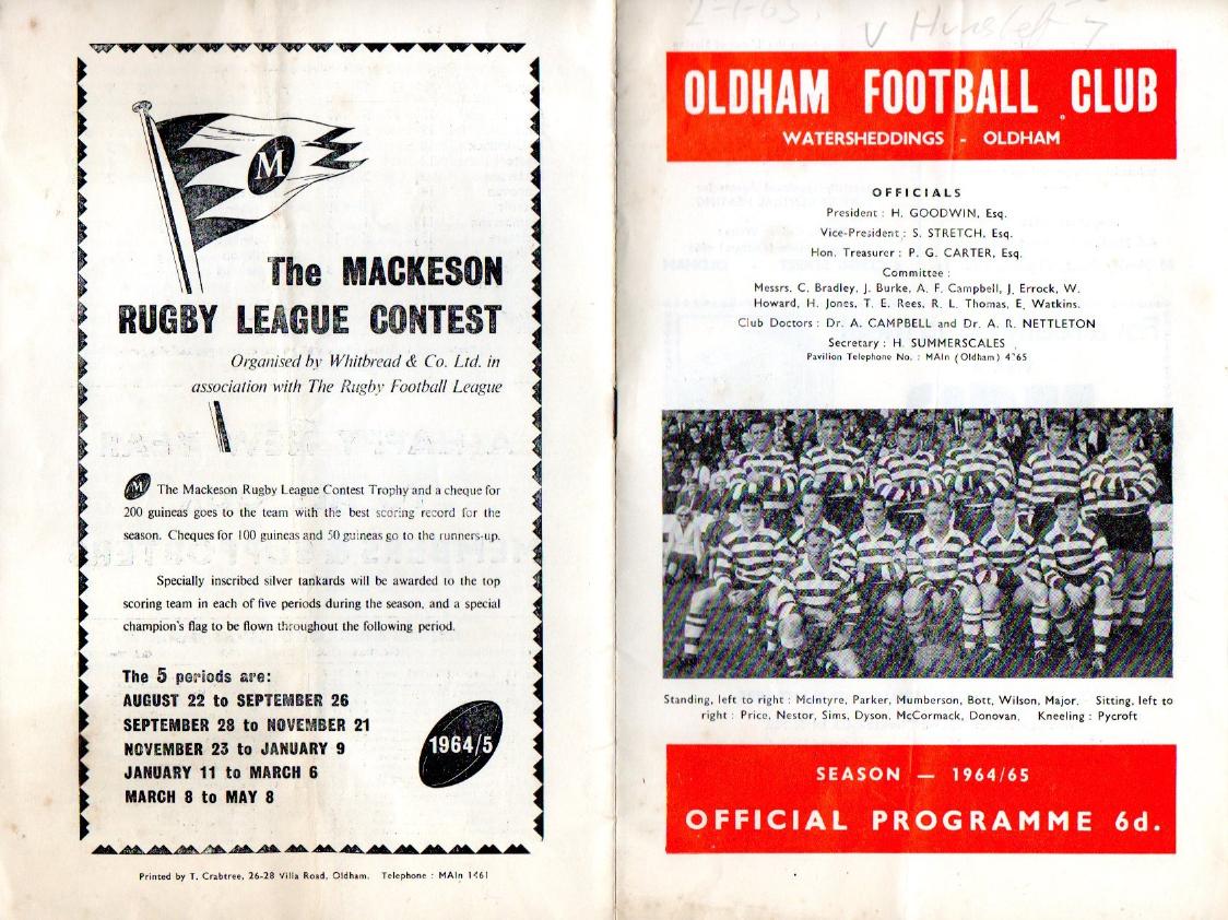 Programme cover: Oldham v Hunslet, 2 January 1965