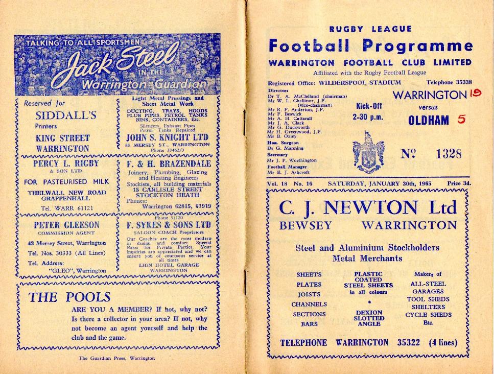 Programme cover: Oldham v Warrington, 30 January 1965