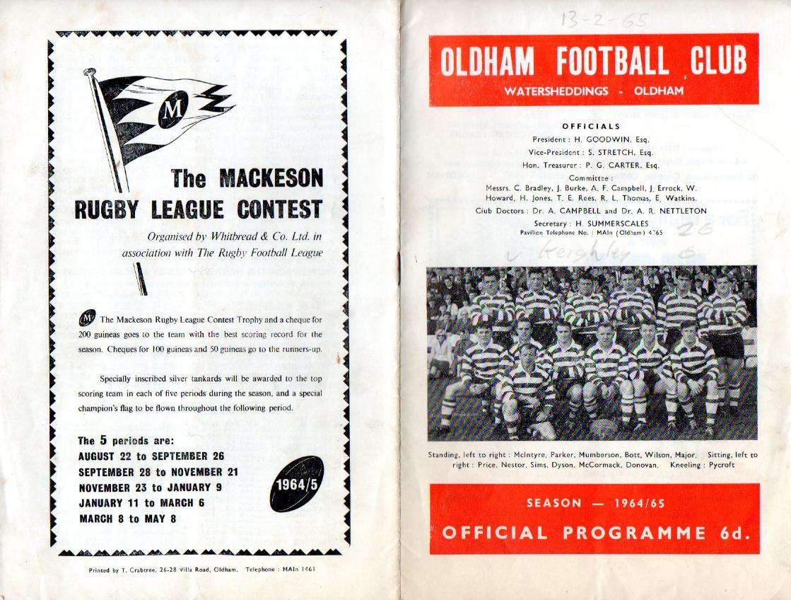 Programme cover: Oldham v Keighley, 13 February 1965