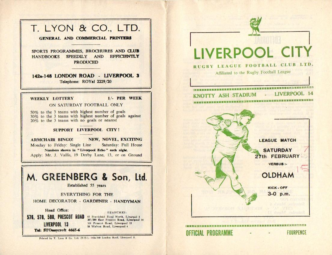 Programme cover: Oldham v Liverpool City, 27 February 1965