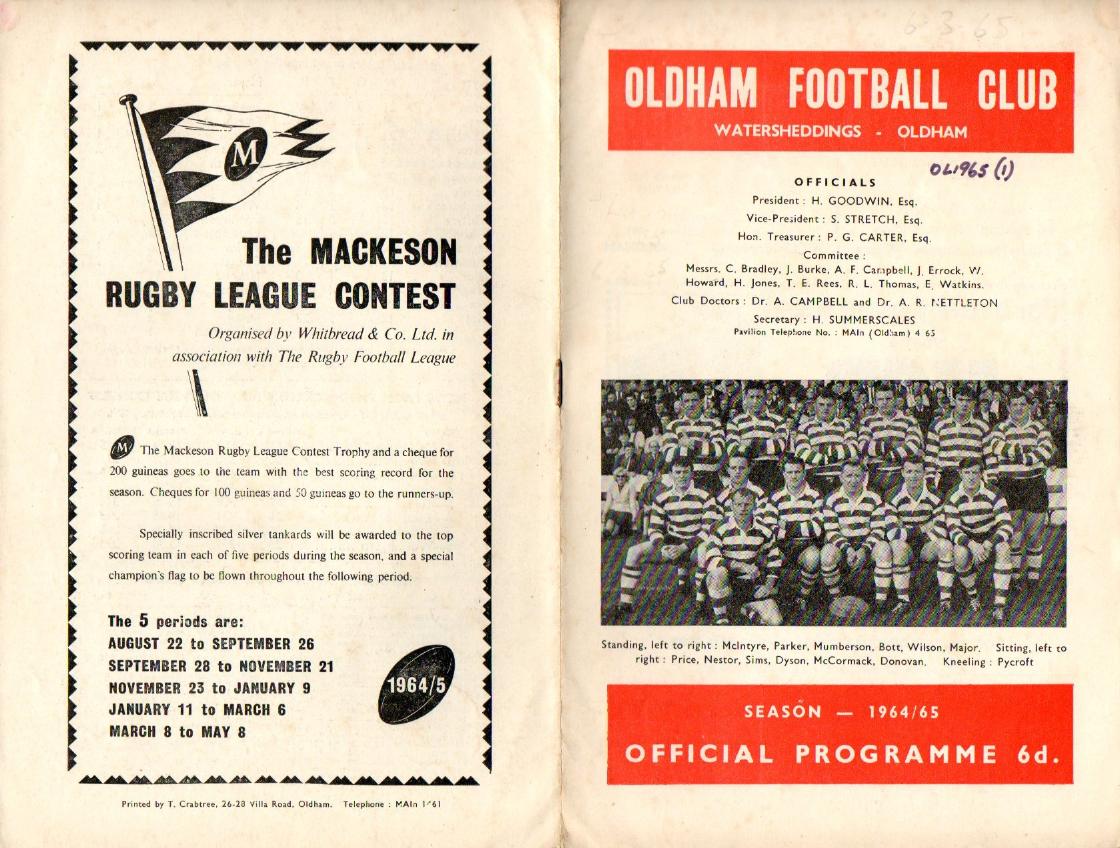 Programme cover: Oldham v Leigh, 6 March 1965