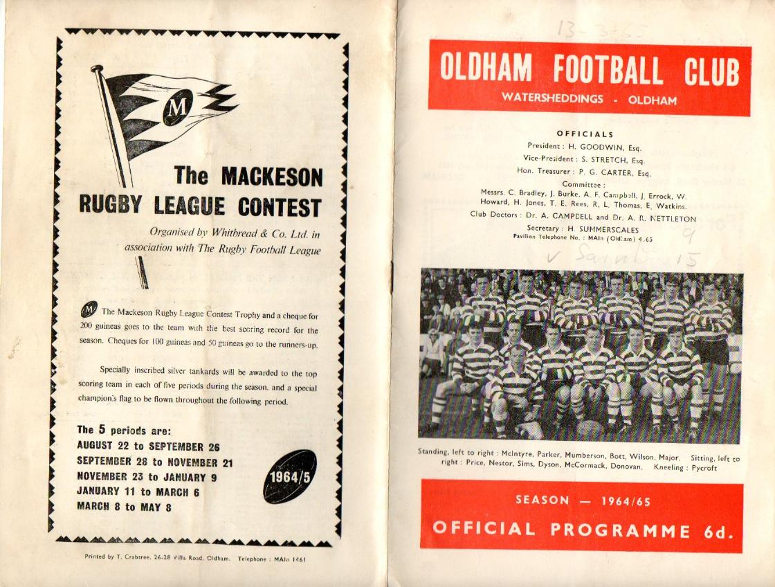 Programme cover: Oldham v St Helens, 13 March 1965
