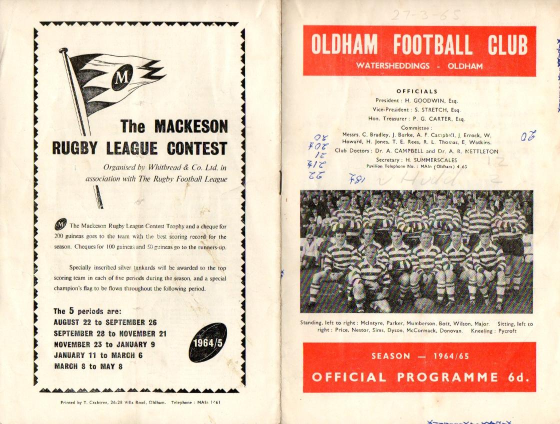 Programme cover: Oldham v Huddersfield, 27 March 1965