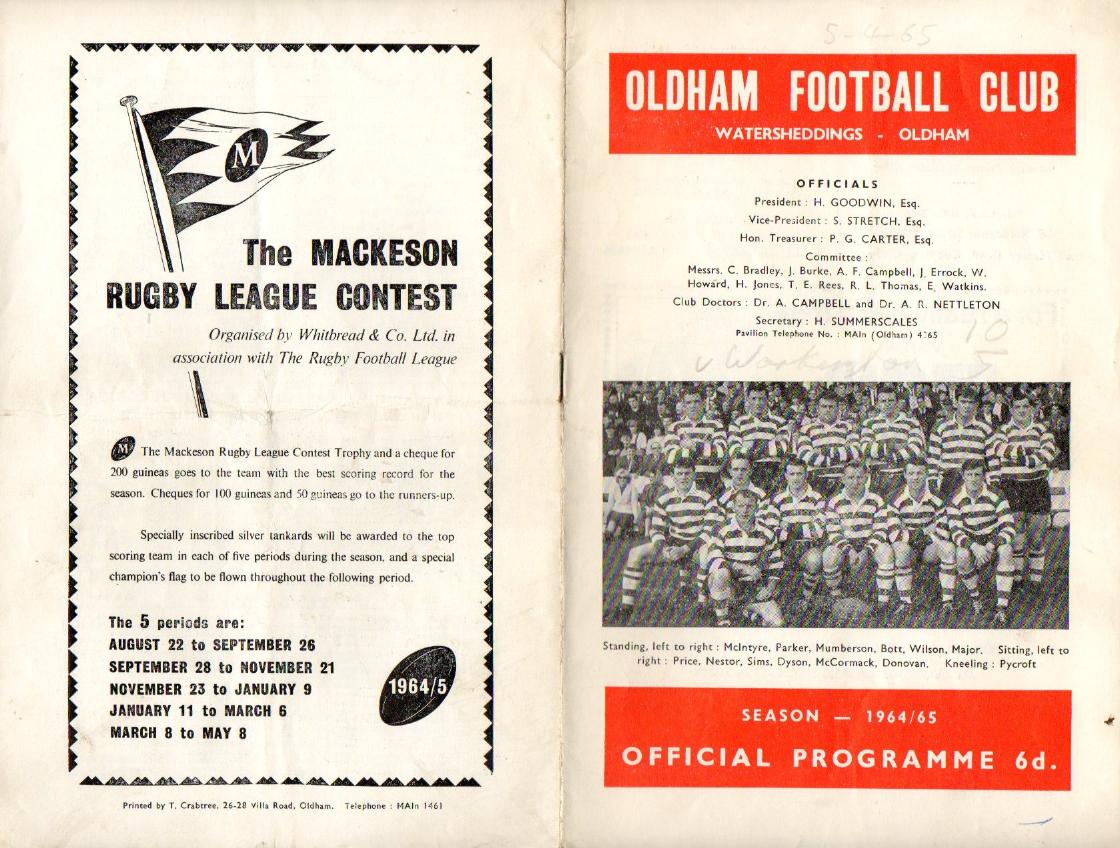 Programme cover: Oldham v Workington Town, 5 April 1965