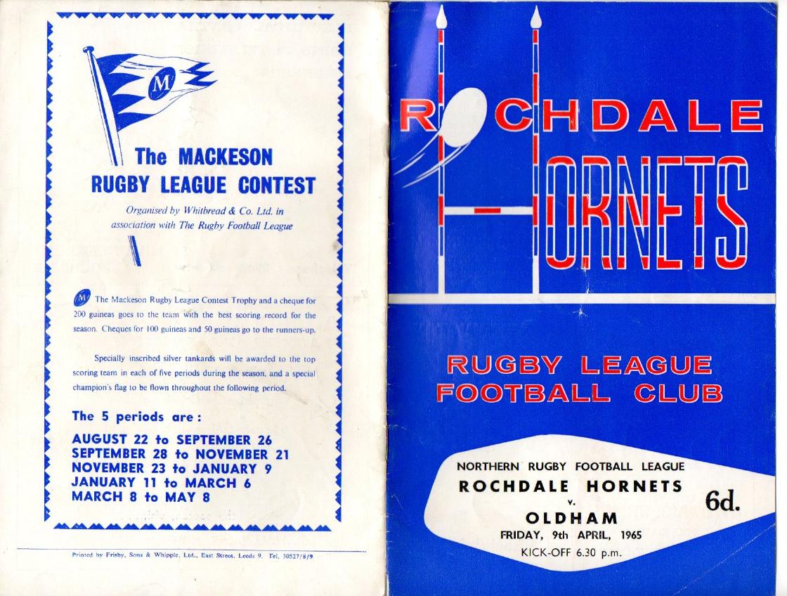 Programme cover: Oldham v Rochdale Hornets, 9 April 1965