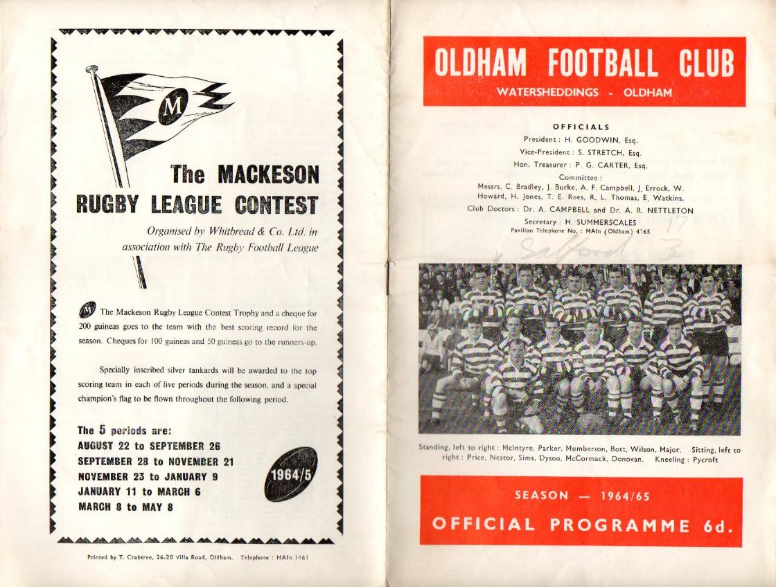 Programme cover: Oldham v Salford, 13 April 1965
