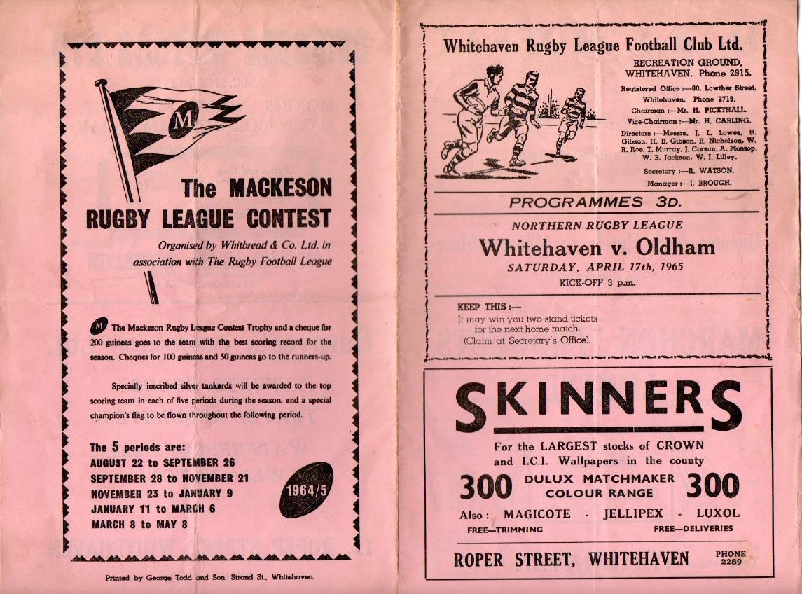 Programme cover: Oldham v Whitehaven, 17 April 1965