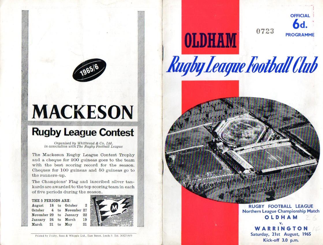 Programme cover: Oldham v Warrington, 21 August 1965