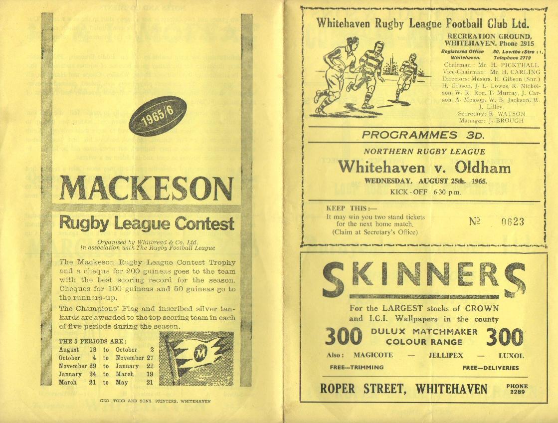Programme cover: Oldham v Whitehaven, 25 August 1965