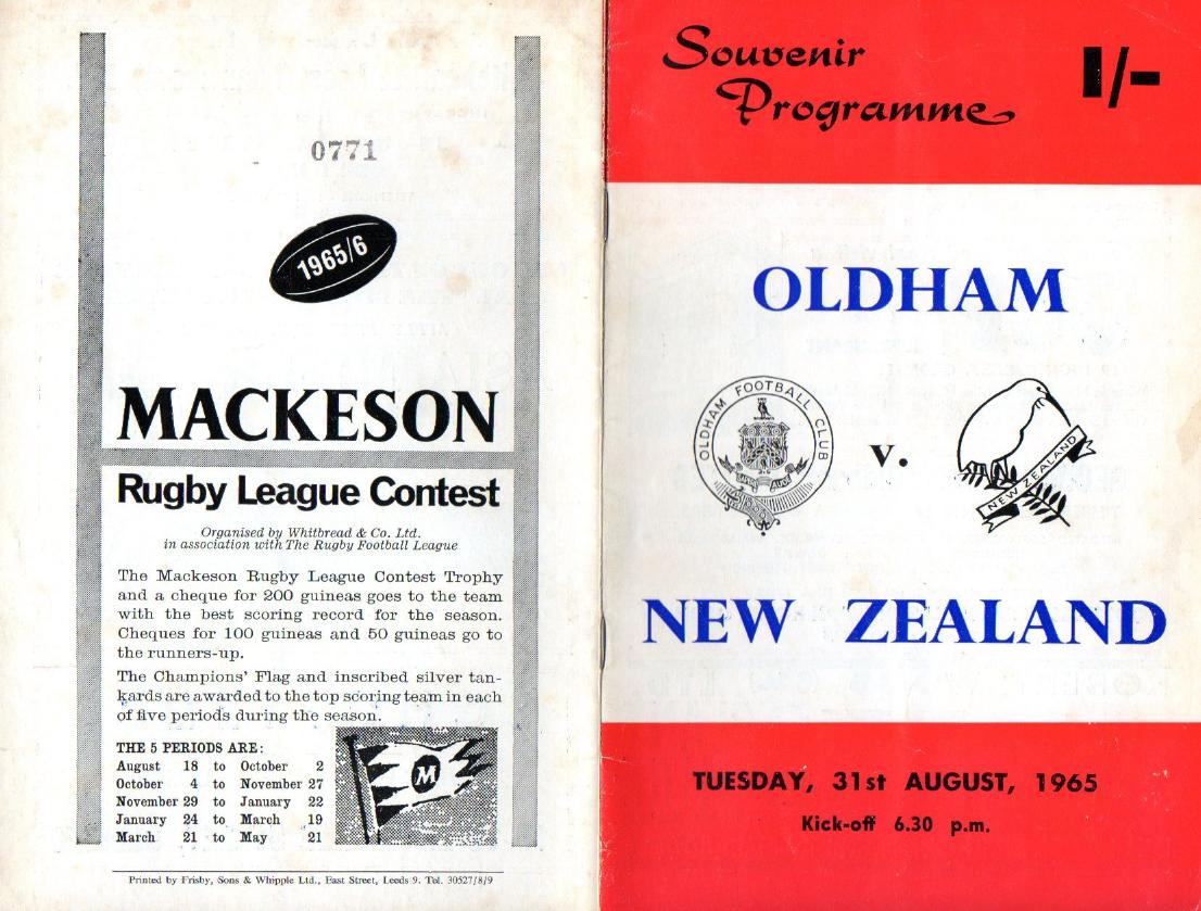 Programme cover: Oldham v New Zealand, 31 August 1965