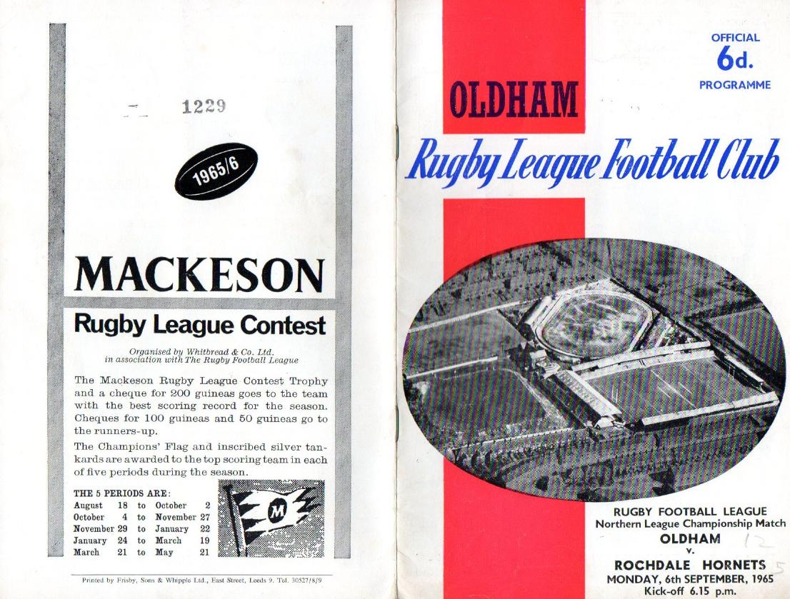 Programme cover: Oldham v Rochdale Hornets, 6 September 1965