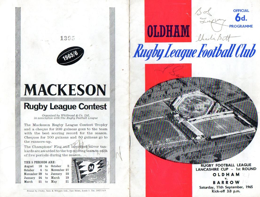 Programme cover: Oldham v Barrow, 11 September 1965