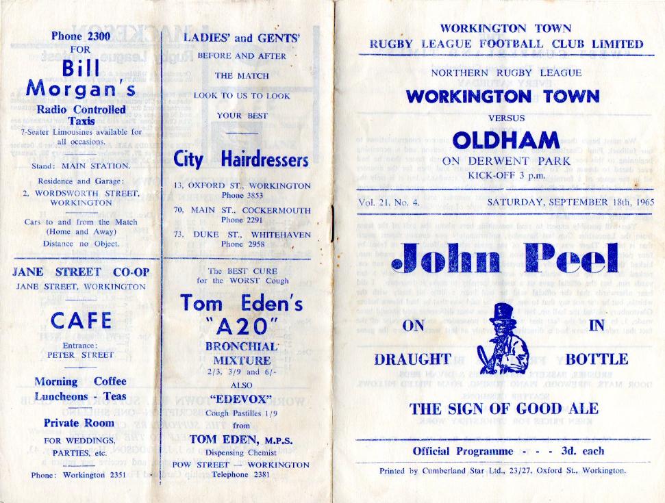 Programme cover: Oldham v Workington Town, 18 September 1965