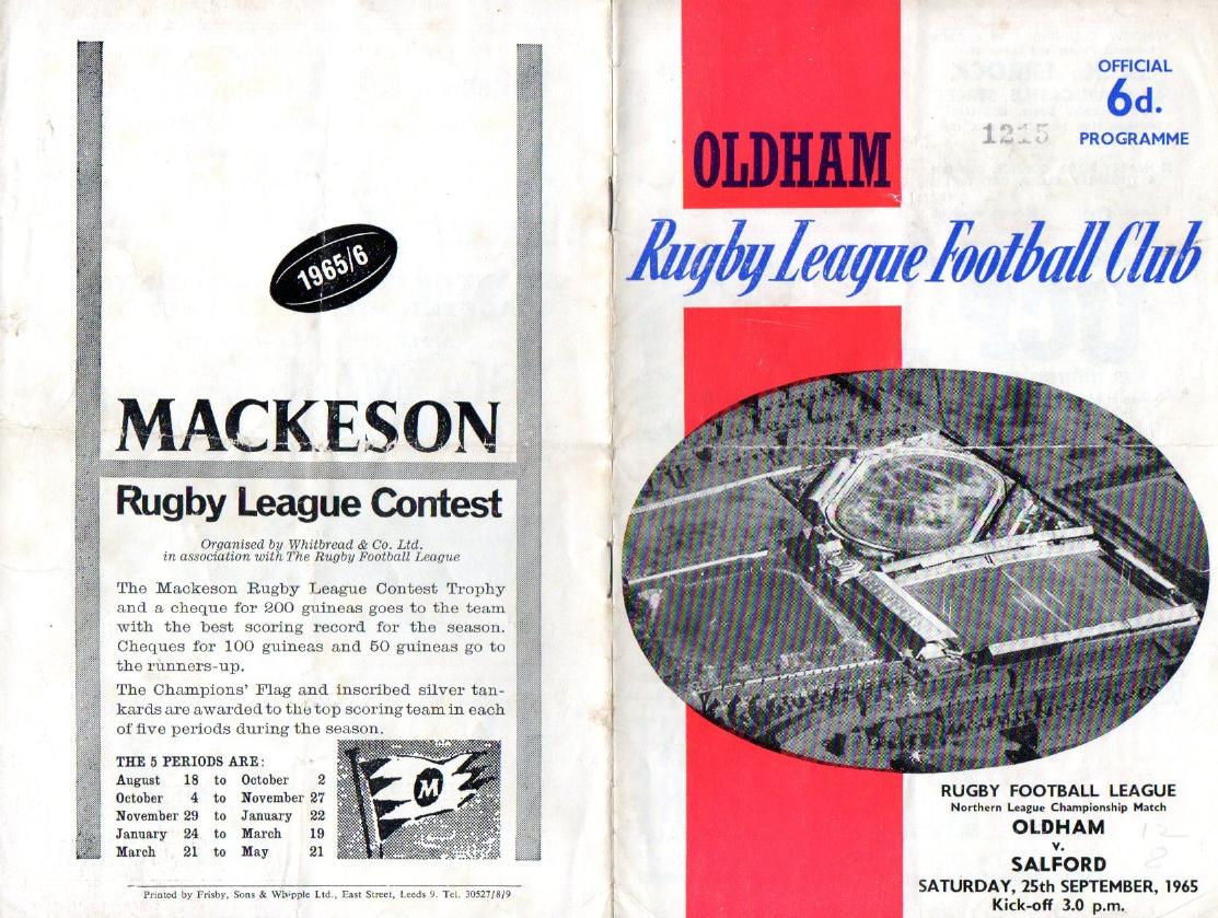 Programme cover: Oldham v Salford, 25 September 1965