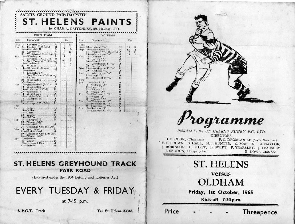 Programme cover: Oldham v St Helens, 1 October 1965