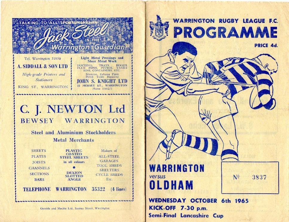 Programme cover: Oldham v Warrington, 6 October 1965