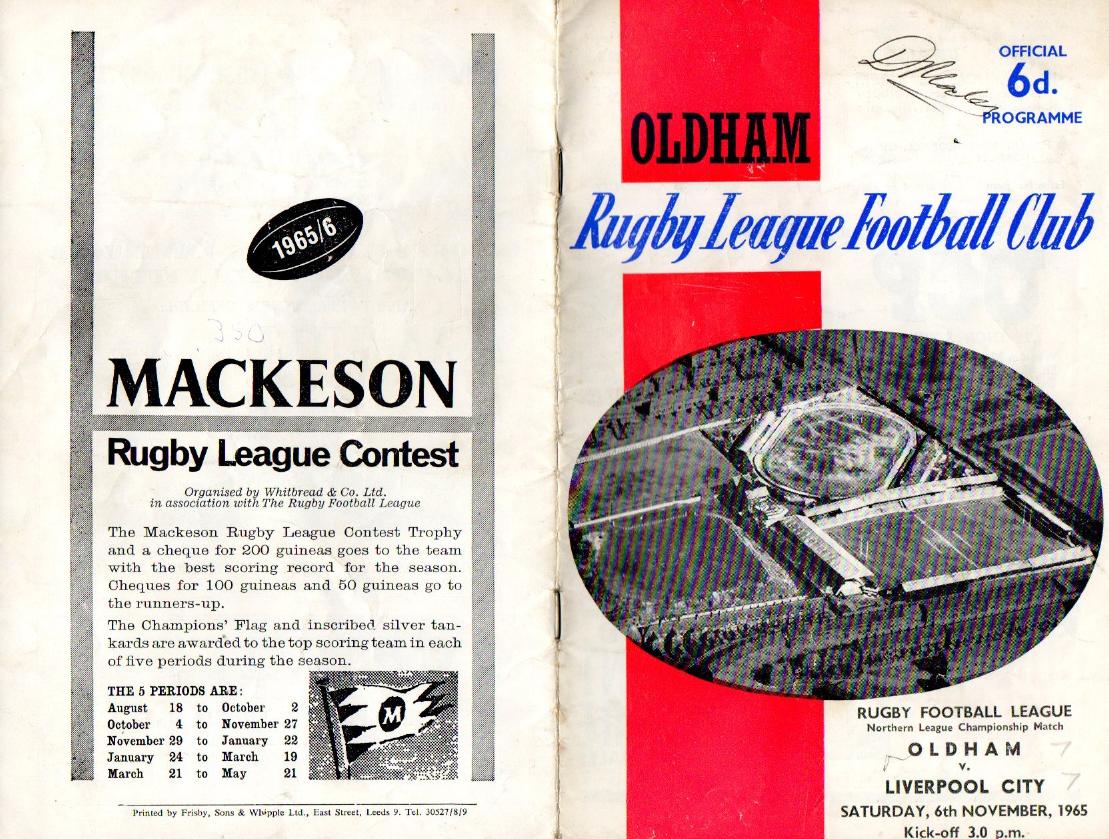 Programme cover: Oldham v Liverpool City, 6 November 1965