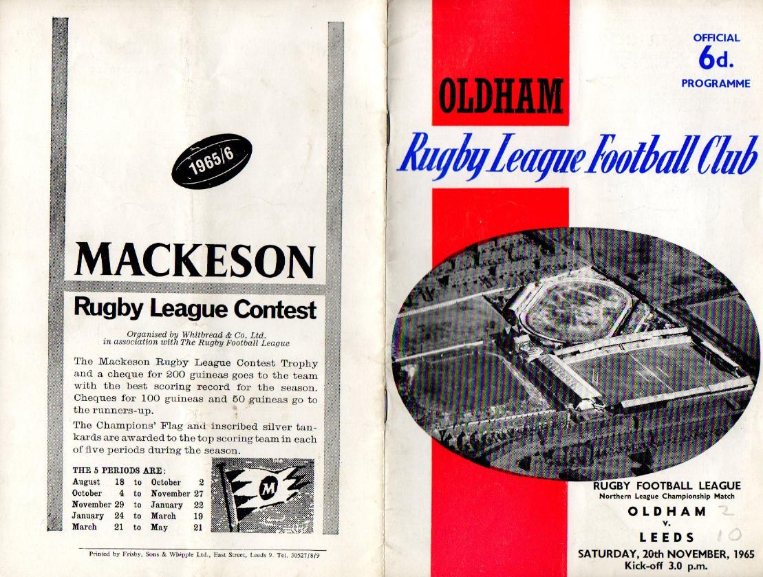 Programme cover: Oldham v Leeds, 20 November 1965