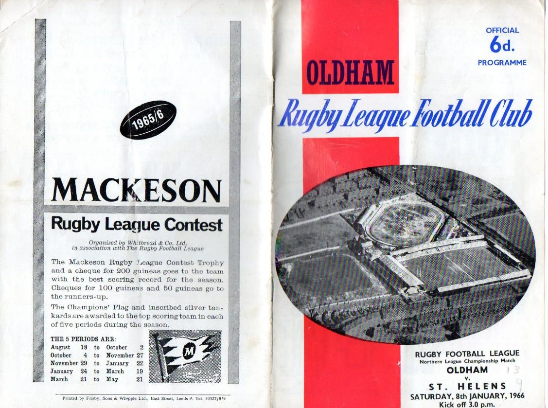 Programme cover: Oldham v St Helens, 8 January 1966