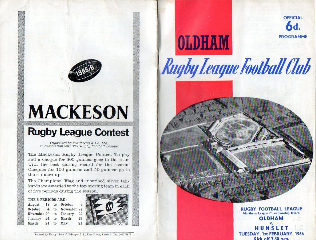 Programme cover: Oldham v Hunslet, 1 February 1966