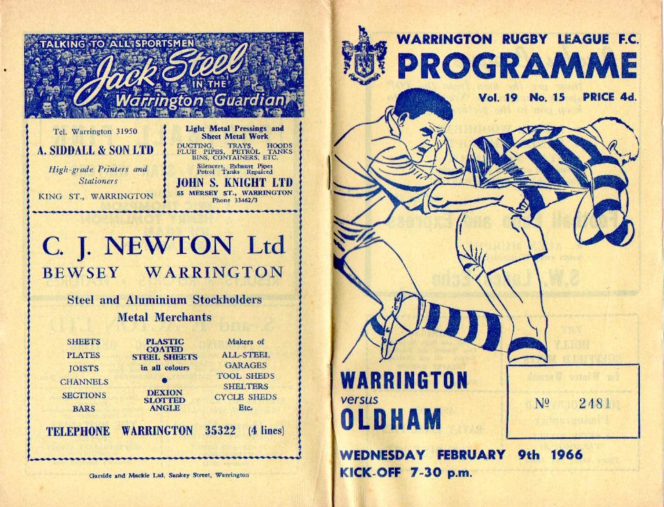 Programme cover: Oldham v Warrington, 9 February 1966