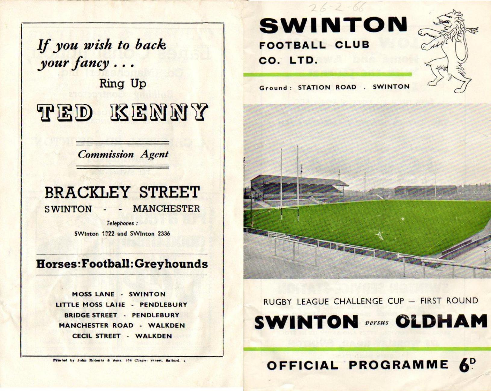 Programme cover: Oldham v Swinton, 26 February 1966