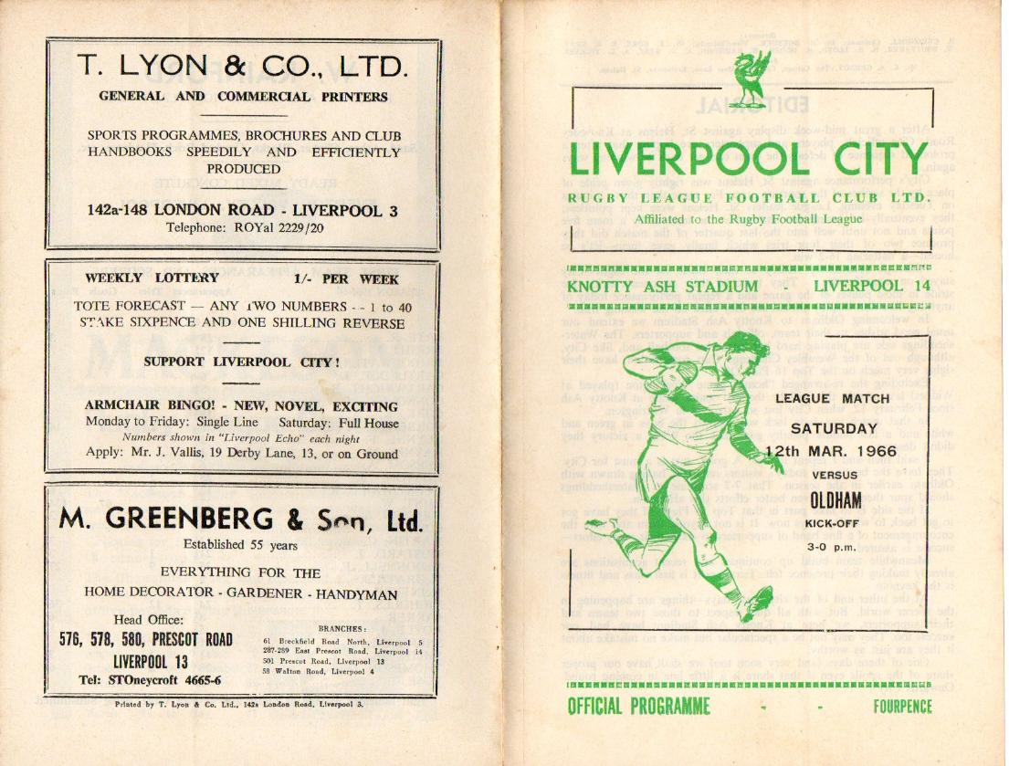 Programme cover: Oldham v Liverpool City, 12 March 1966