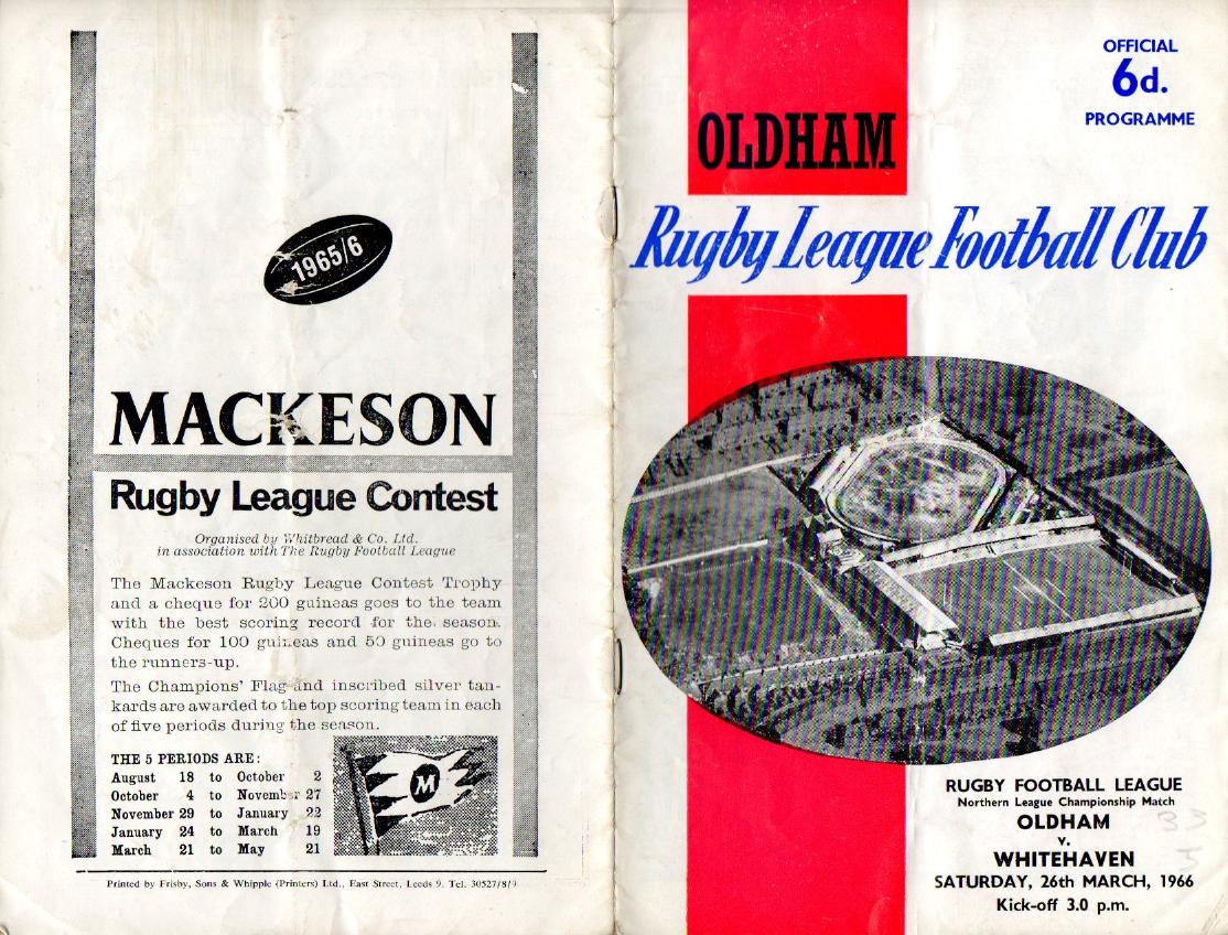 Programme cover: Oldham v Whitehaven, 26 March 1966