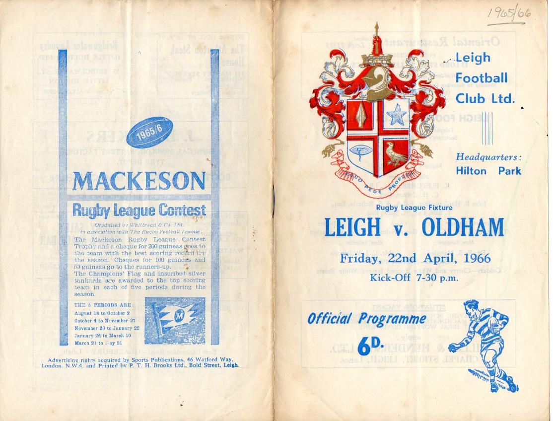 Programme cover: Oldham v Leigh, 22 April 1966