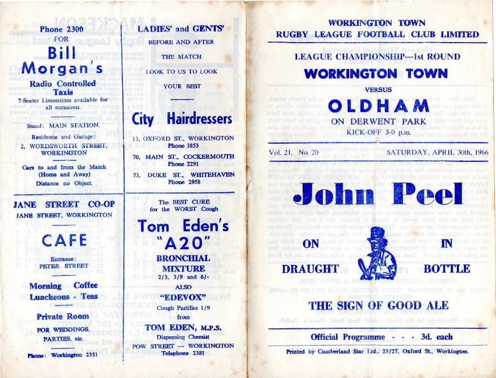 Programme cover: Oldham v Workington Town, 23 April 1966