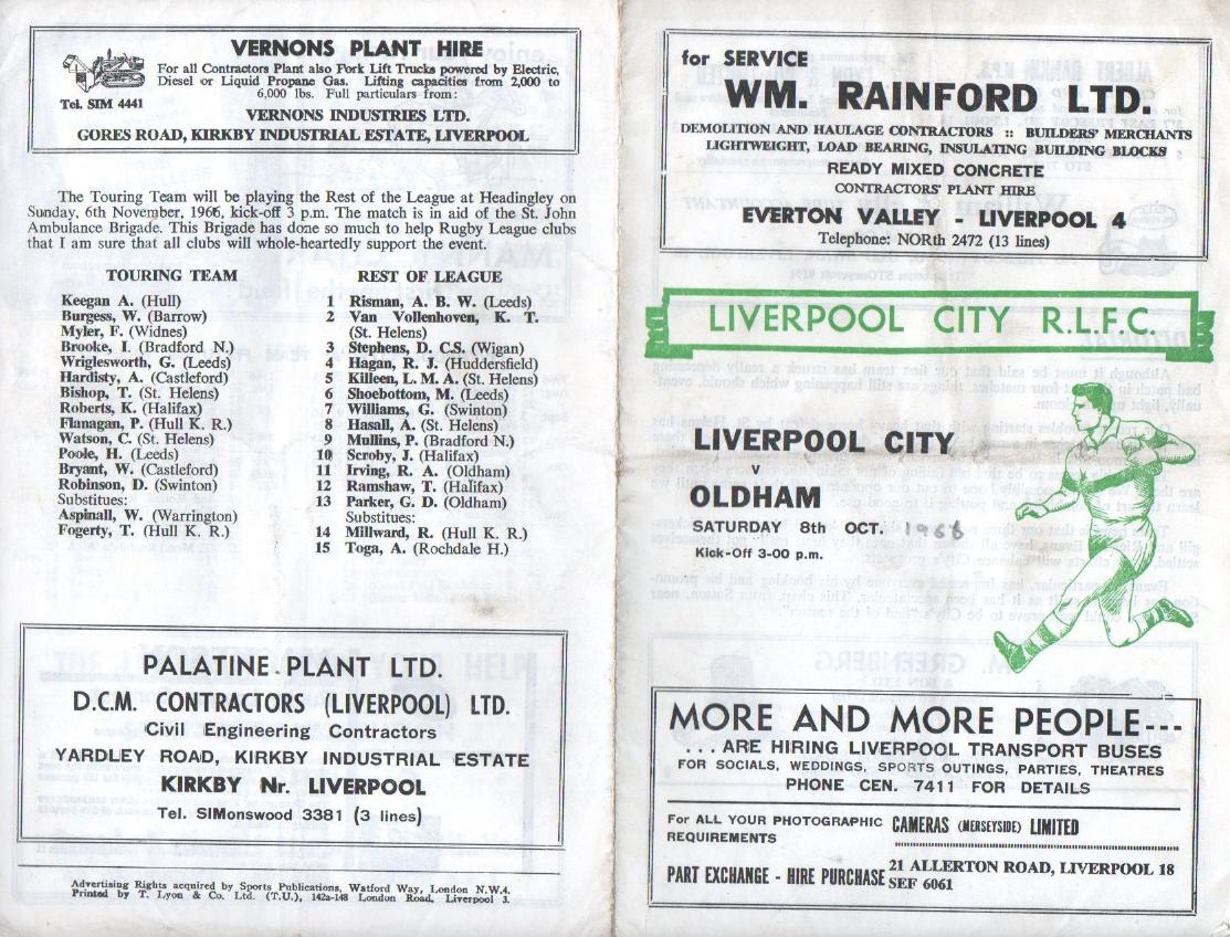 Programme cover: Oldham v Liverpool City, 8 October 1966