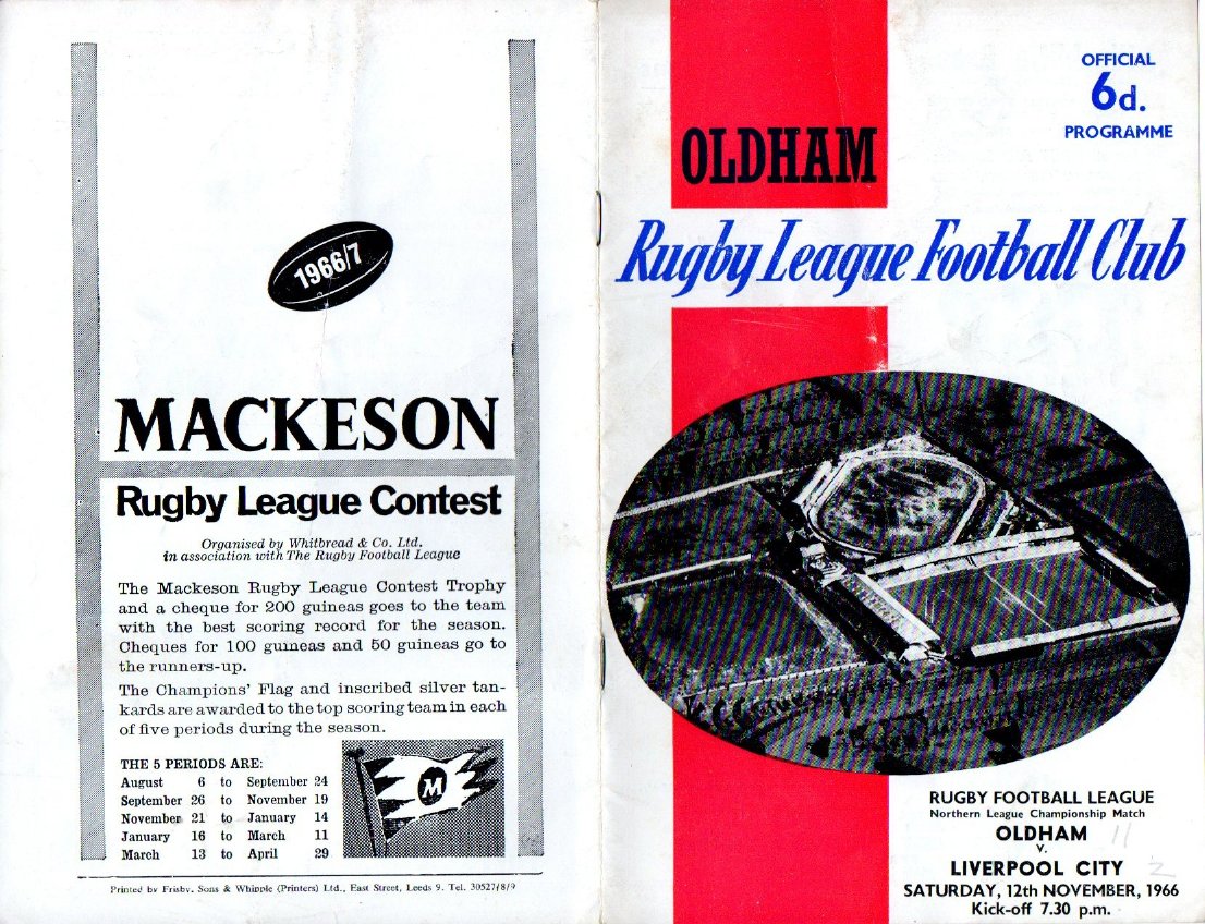 Programme cover: Oldham v Liverpool City, 12 November 1966