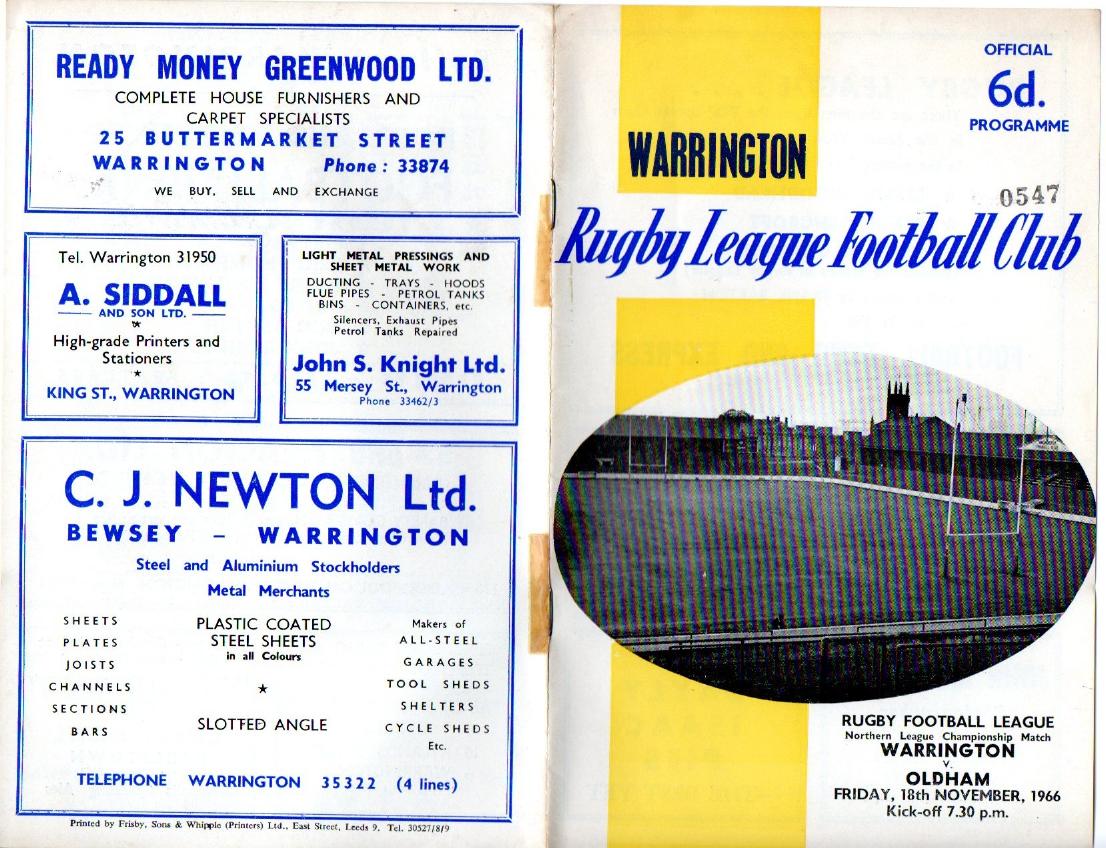 Programme cover: Oldham v Warrington, 18 November 1966