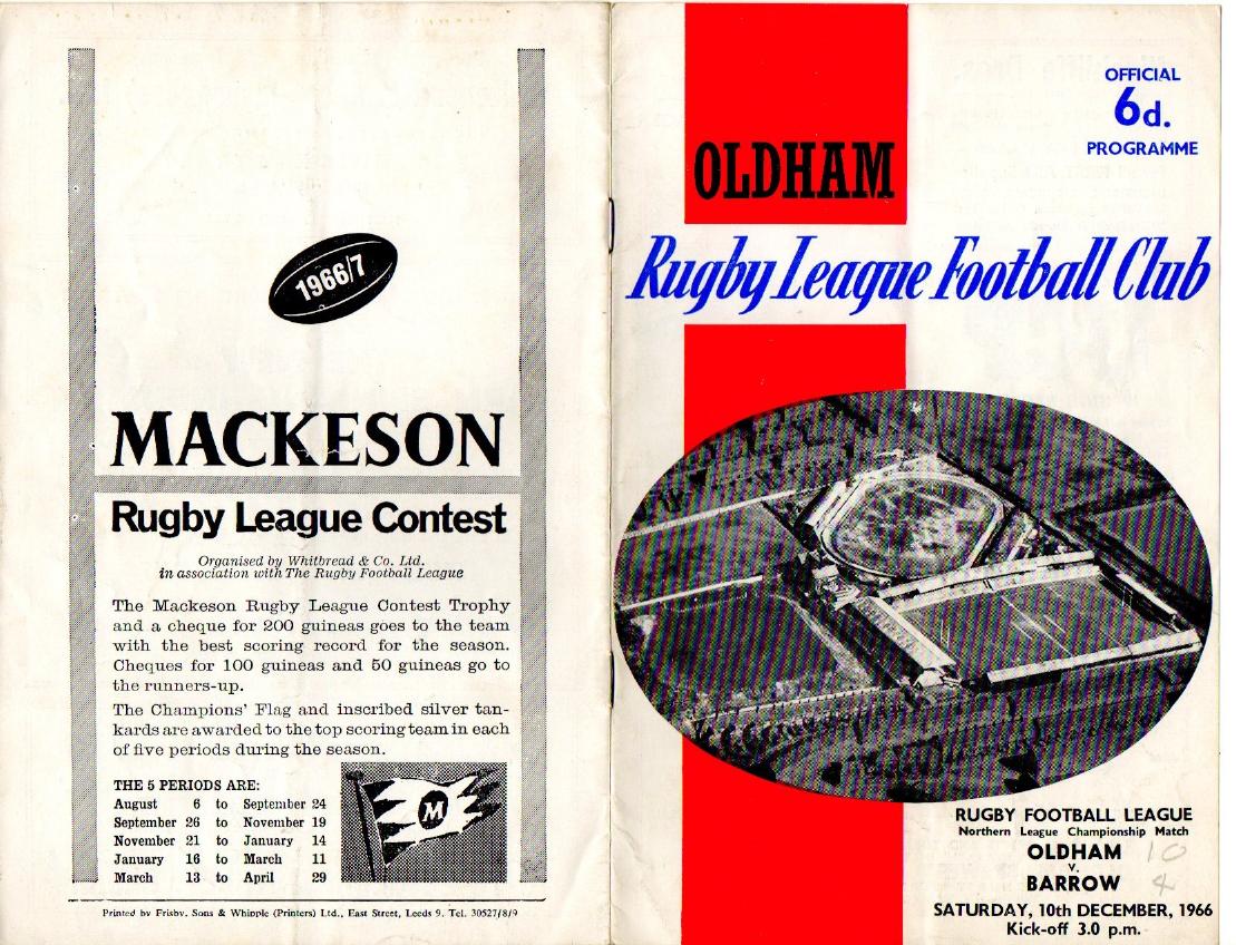 Programme cover: Oldham v Barrow, 10 December 1966