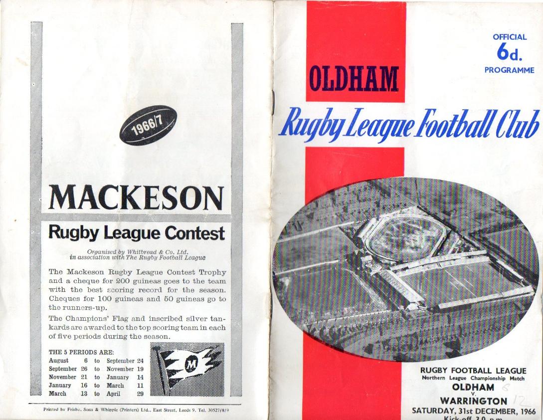 Programme cover: Oldham v Warrington, 31 December 1966