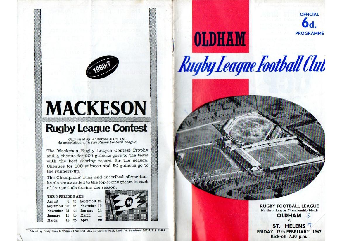 Programme cover: Oldham v St Helens, 17 February 1967