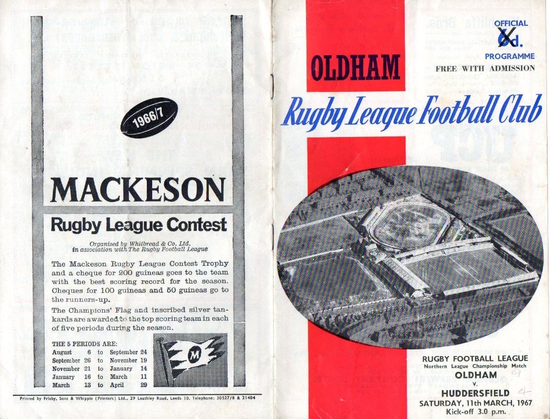 Programme cover: Oldham v Huddersfield, 11 March 1967