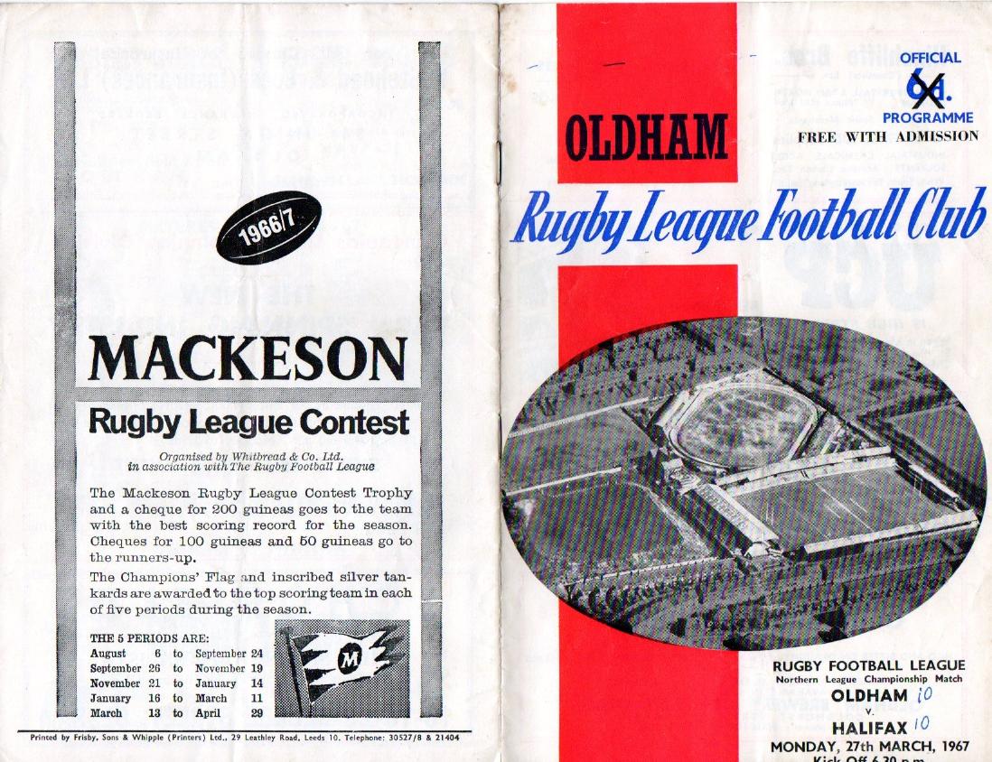 Programme cover: Oldham v Halifax, 27 March 1967