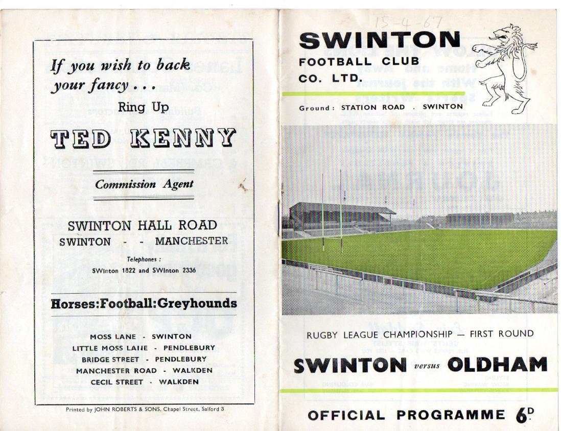 Programme cover: Oldham v Swinton, 15 April 1967