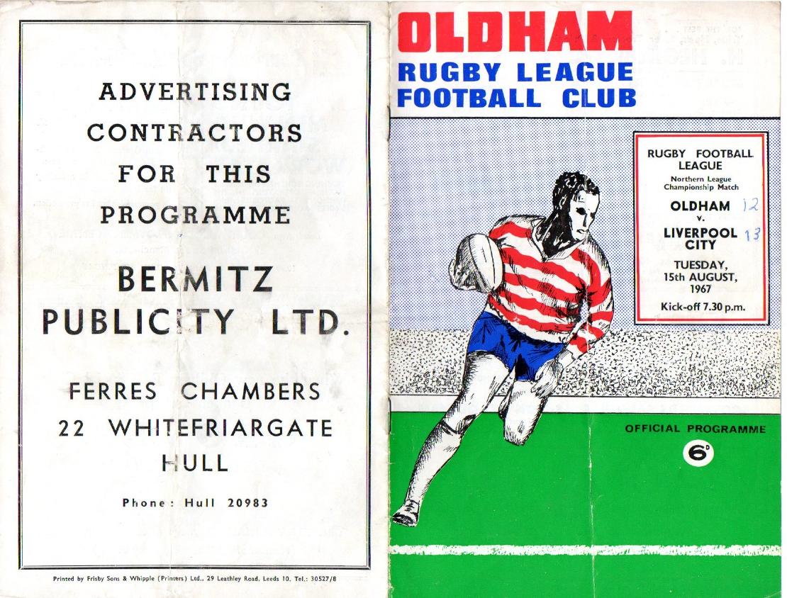 Programme cover: Oldham v Liverpool City, 15 August 1967